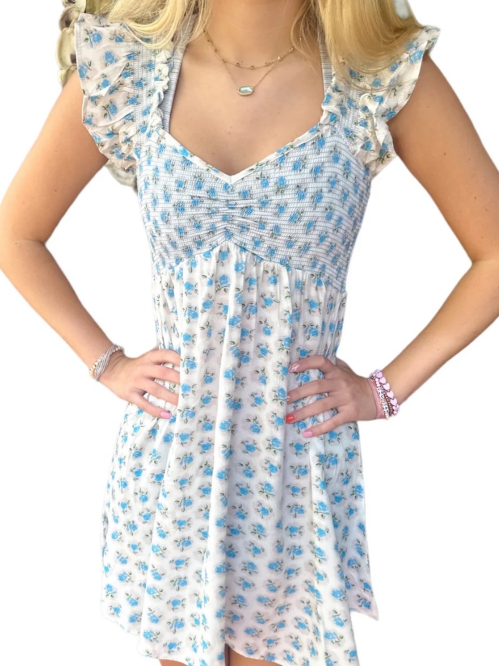 For Love and Lemons White and Blue Floral Smocked Mini Dress